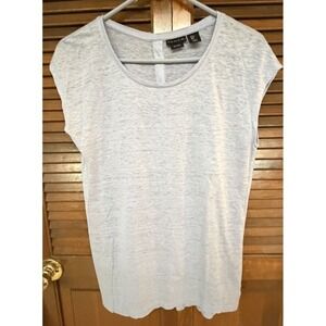Tahari 100% Linen Light Blue Top Small Coastal Minimalist Button Back Shirt